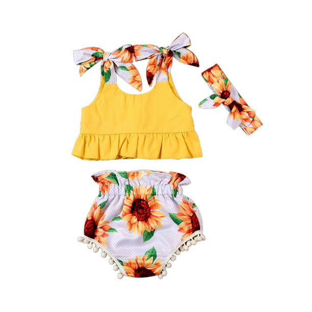 Details about   Infant Kids Baby Girls Sunflower Print Tops+Ruffles Shorts+Headbands Outfits Set 